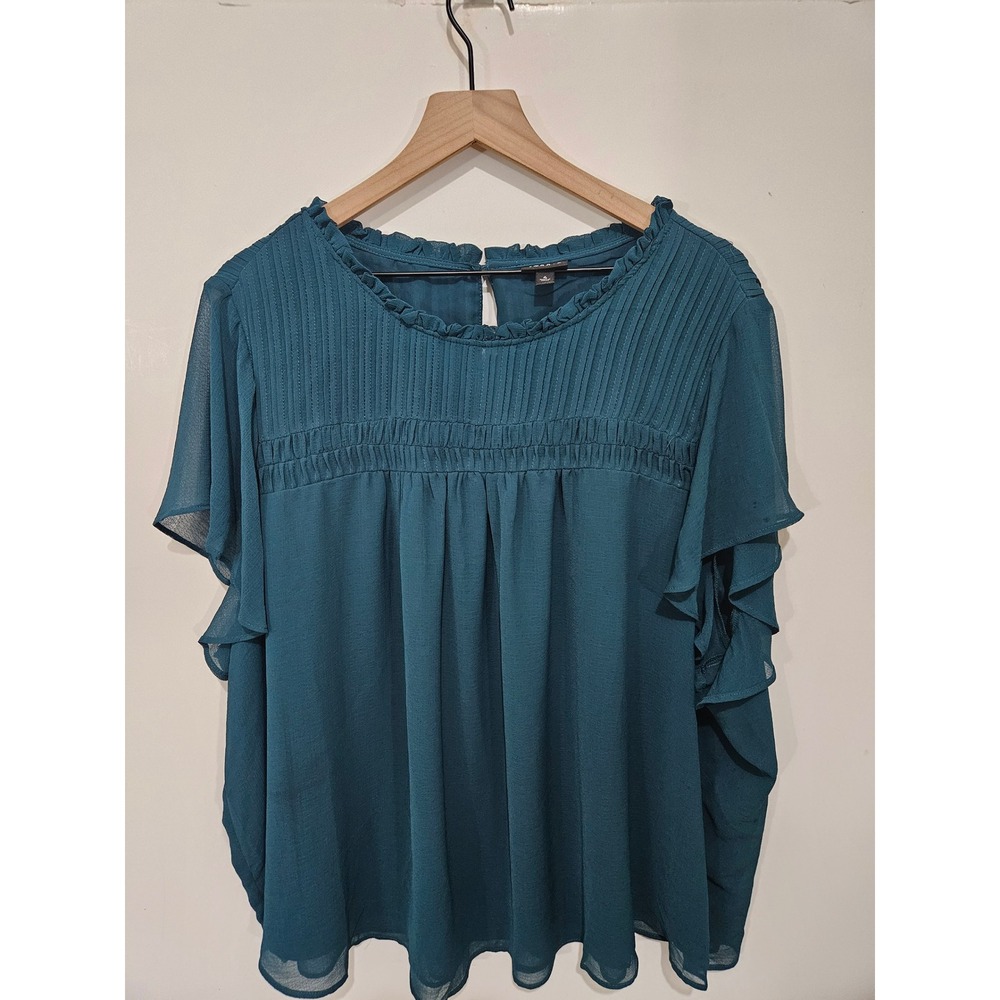 Torrid Women 4 Dark Teal Chiffon Pleated Yoke Flutter Sleeve Blouse holiday